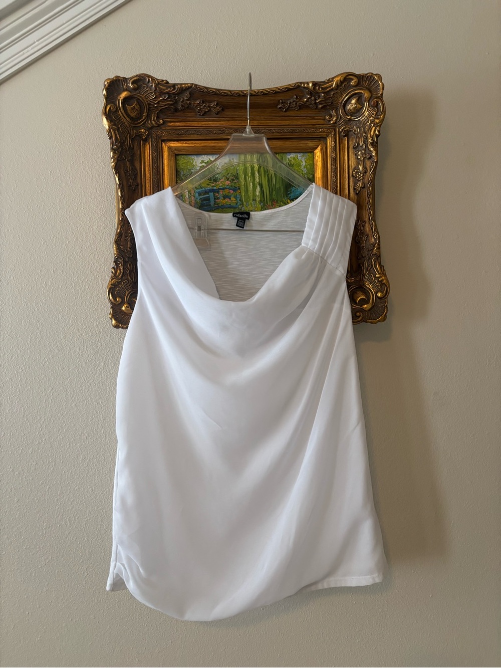 Rafaella White Cowl Neck Sleeveless Top Medium Pleated Shoulder Side Ruched